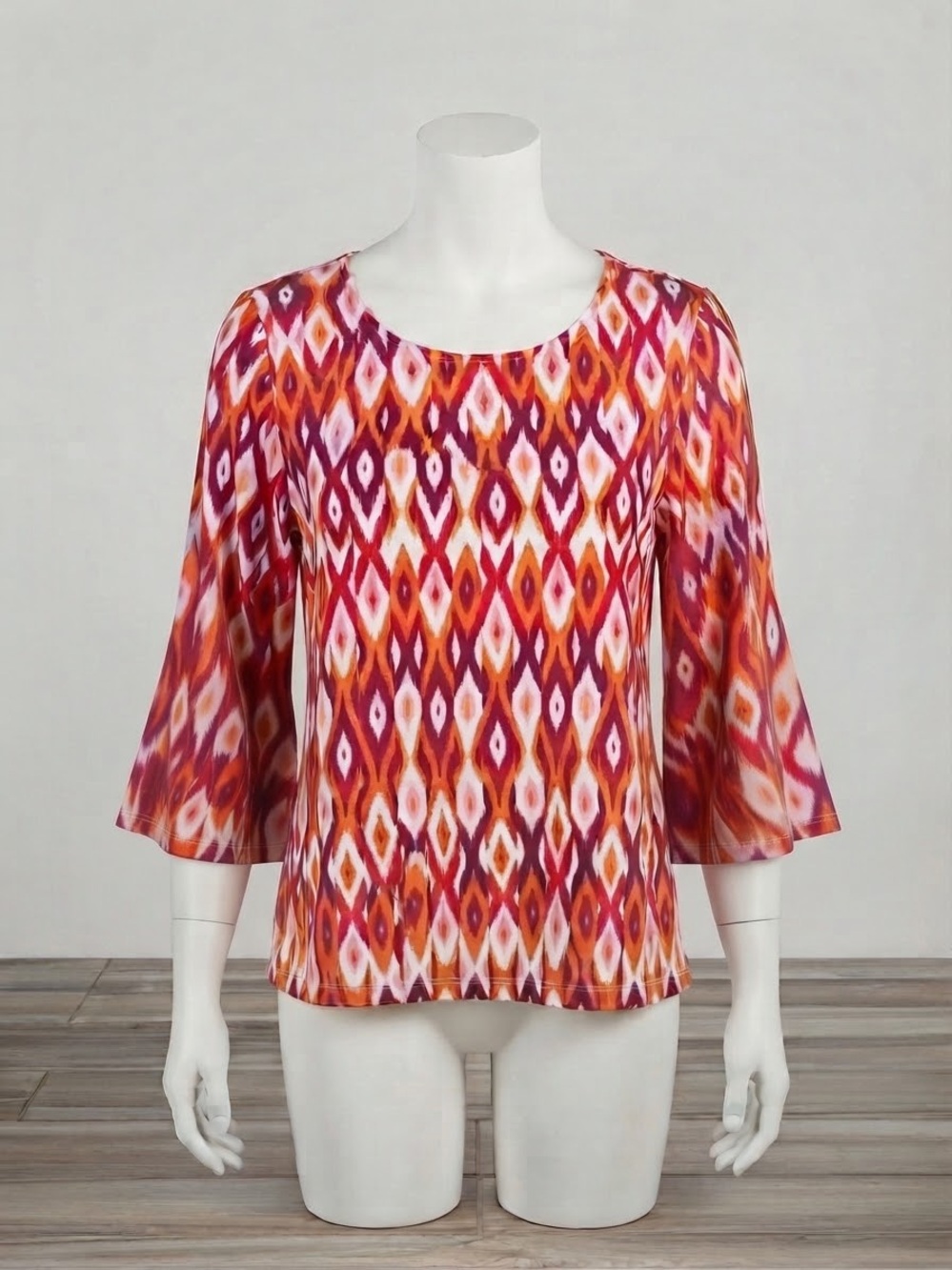 Jones New York Multicolor Ikat Bell-Sleeve Tunic - Red, Orange, Pink